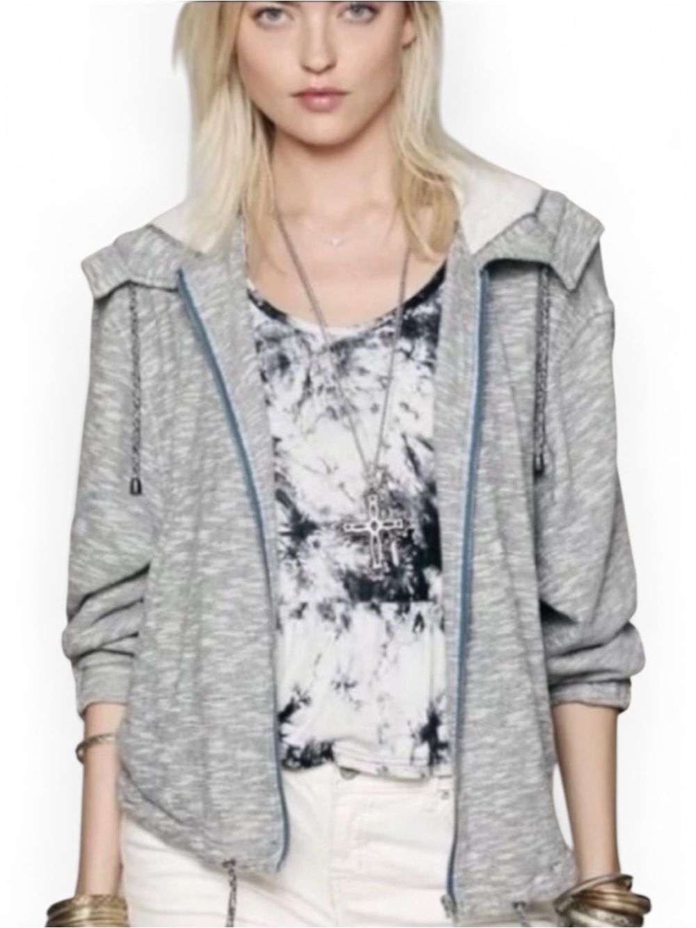 Free People Women Gray Hooded Zip Up Jacket Batwing Sleeve Boho Size M